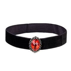 Black velvet choker with ornate red stone front view