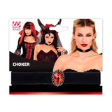 Black velvet choker with red stone in retail packaging