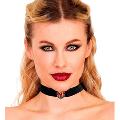 Black velvet choker with ornate red stone front view