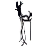 Black velvet masquerade mask with silver braid trim, feathers, ribbons and handheld stick for masquerade parties and costume events