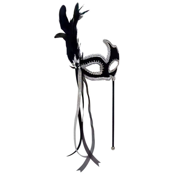 Black velvet masquerade mask with silver braid trim, feathers, ribbons and handheld stick for masquerade parties and costume events