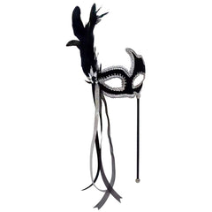 Black velvet masquerade mask with silver braid trim, feathers, ribbons and handheld stick for masquerade parties and costume events