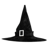 Black velvet witch hat with silver buckle, one size fits most, perfect for Halloween, cosplay, theatre, and witch costume dress-ups