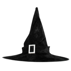 Black velvet witch hat with silver buckle, one size fits most, perfect for Halloween, cosplay, theatre, and witch costume dress-ups