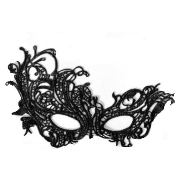 Black Venetian lace masquerade mask with ribbon ties