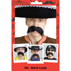 Black walrus-style costume moustache with adhesive backing from Dr Toms