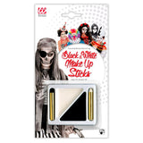 Packaging of black and white makeup sticks with examples of application on a white background.