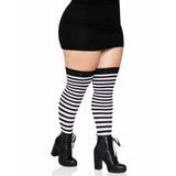 Leg Avenue Plus Size Black and White Striped Thigh Highs – side view highlighting bold stripes and curve-hugging fit.