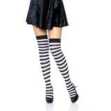  Leg Avenue Black and White Striped Thigh Highs – front view featuring classic horizontal stripes and a comfortable over-the-knee fit.