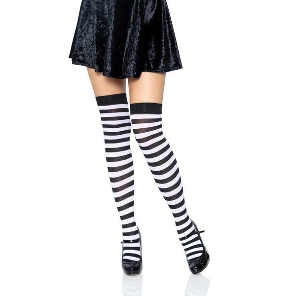  Leg Avenue Black and White Striped Thigh Highs – front view featuring classic horizontal stripes and a comfortable over-the-knee fit.