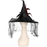 Elegant black witch hat embellished with netting , feathers and spiders
