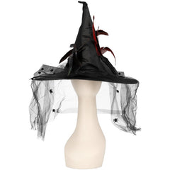 Black witch hat with decorative feathers and mesh netting – perfect Halloween costume accessory