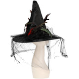 Black witch hat with feathers on a mannequin head against a white background