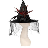 Black satin witch hat with feathers, ribbon roses, netting and feathers