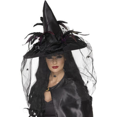 Black witch hat with decorative feathers and mesh netting for Halloween costumes