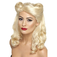 Blonde 40s pin up wig with pinned-up top and shoulder-length curls for retro Hollywood glamour