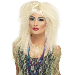 Classic blonde 80's crimped wig that sits just below the shoulders, featuring a straight fringe for an authentic retro style
