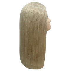 Long blonde centre part wig in soft sleek style for 60s and 70s retro costumes.
