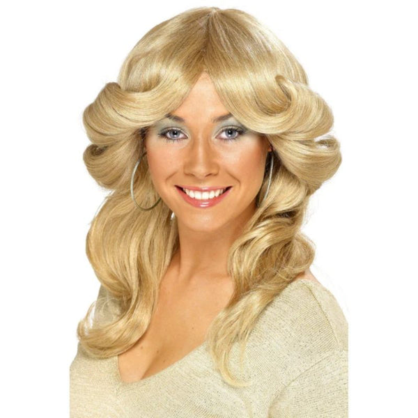 70s blonde flick wig with full fringe, long and wavy.