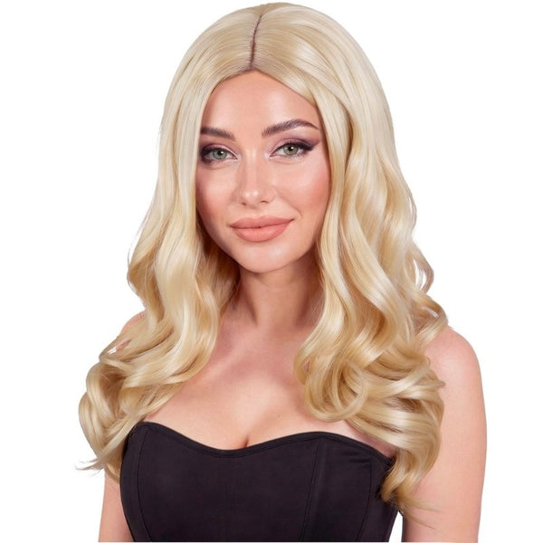 A blonde wavy wig with long, voluminous curls, modeled on a woman against a plain white background.