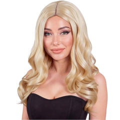 A blonde wavy wig with long, voluminous curls, modeled on a woman against a plain white background.