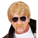 Blonde undercover agent wig with moustache and sunglasses for 80s cop costume