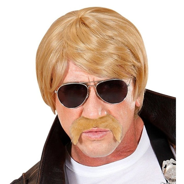 Blonde undercover agent wig with moustache and sunglasses for 80s cop costume