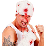 Man with bandages and blood makeup on a white background