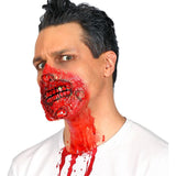 Person with red face paint resembling a zombie or horror character on a white background