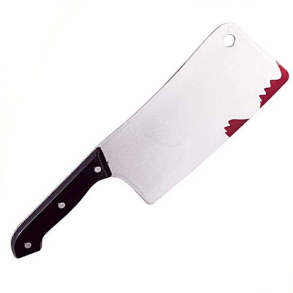 29cm plastic bloody cleaver prop with silver blade, red blood effect and black handle