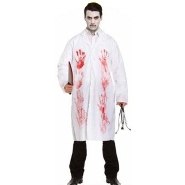 Bloody doctor for adults, lab coat with red bloody hand prints.