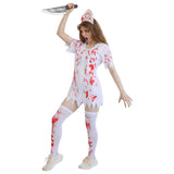 A woman modeling a bloody nurse Halloween costume, holding a toy knife above her head. The costume consists of a tattered white nurse dress with red blood splatters, matching blood-splattered white thigh-high stockings, and a blood-splattered nurse headpiece, all on a solid white background.