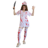 Ladies Bloody Nurse Costume with dress headpiece and socks front view