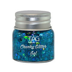 TAG Chunky Glitter Gel 20g in assorted colours, aloe-based cosmetic face and body glitter
