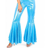 Close-up of blue disco jumpsuit showing metallic fabric, flared leg and silver belt detail