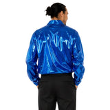 Rear view of blue disco shirt showing shiny metallic fabric and long sleeves