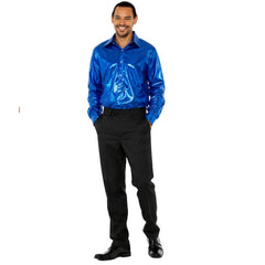 Men's blue disco shirt with metallic sequin-look print and classic 70s styling
