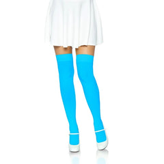 Leg Avenue Blue Opaque Thigh Highs – front view showcasing vibrant blue colour and smooth, over-the-knee fit for a bold and stylish costume or fashion look.