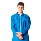 Close-up of adult blue overalls costume showing blue jumpsuit design