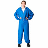 Person wearing a blue coverall on a white background