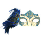 Blue burlesque eye mask with gold glitter base and peacock feather detail