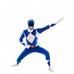 Blue Power Rangers Adult Bodysuit costume with attached gloves, feet, and hood – superhero fancy dress for parties and fan conventions