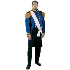 Blue Prince Charming costume hire Brisbane with double-breasted tail coat and gold detailing