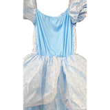back blue princess fairytale dress close up details of bodice showing stretch panel and glitter details, on a white background