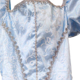 blue princess fairytale dress close up details of bodice showing silver trim and glitter details, on a white background