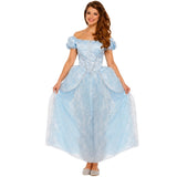 blue princess fairytale dress worn and on a white background
