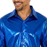 Close-up of blue disco shirt showing metallic sequin-look texture and oversized retro collar
