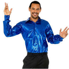 Men's blue disco shirt with metallic sequin-look print and classic 70s styling