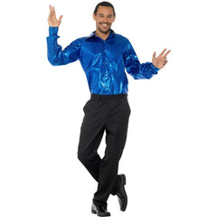 Blue Sequinned Disco Shirt with shimmering sequins in retro 70s style.