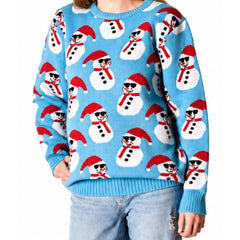 Ladies blue Snowman Christmas jumper with festive all-over knit design worn by model